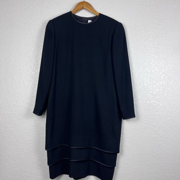 Vtg Neiman Marcus Shift Dress Womens Medium Wool Tiered Ruffle Hem Witchy Modest - Picture 1 of 8
